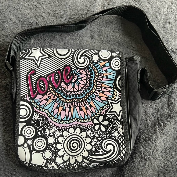 Handbags - Love Graphic Crossbody Bag in Black with Pink & Blue Accents